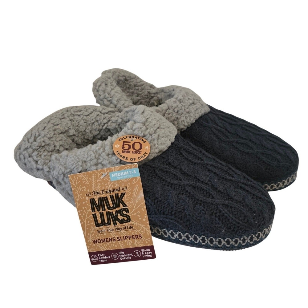 Muk Luks Womens Twilight Cable Knit Slippers Navy Grey Faux Fur Clogs Medium 7-8